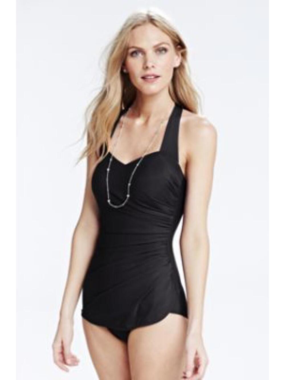 Lands' End Slimming Tunic One-Piece Swimsuit Black Size 10 DDD Modest Flattering